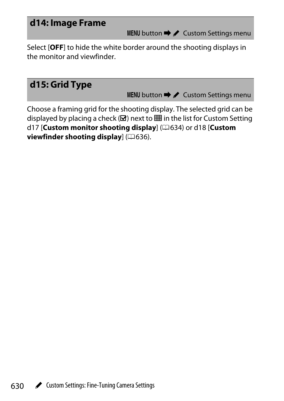 D14: image frame, D15: grid type | Nikon Z9 Mirrorless Camera User Manual | Page 630 / 914