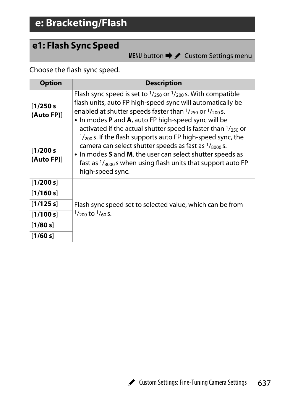 E: bracketing/flash, E1: flash sync speed | Nikon Z9 Mirrorless Camera User Manual | Page 637 / 914