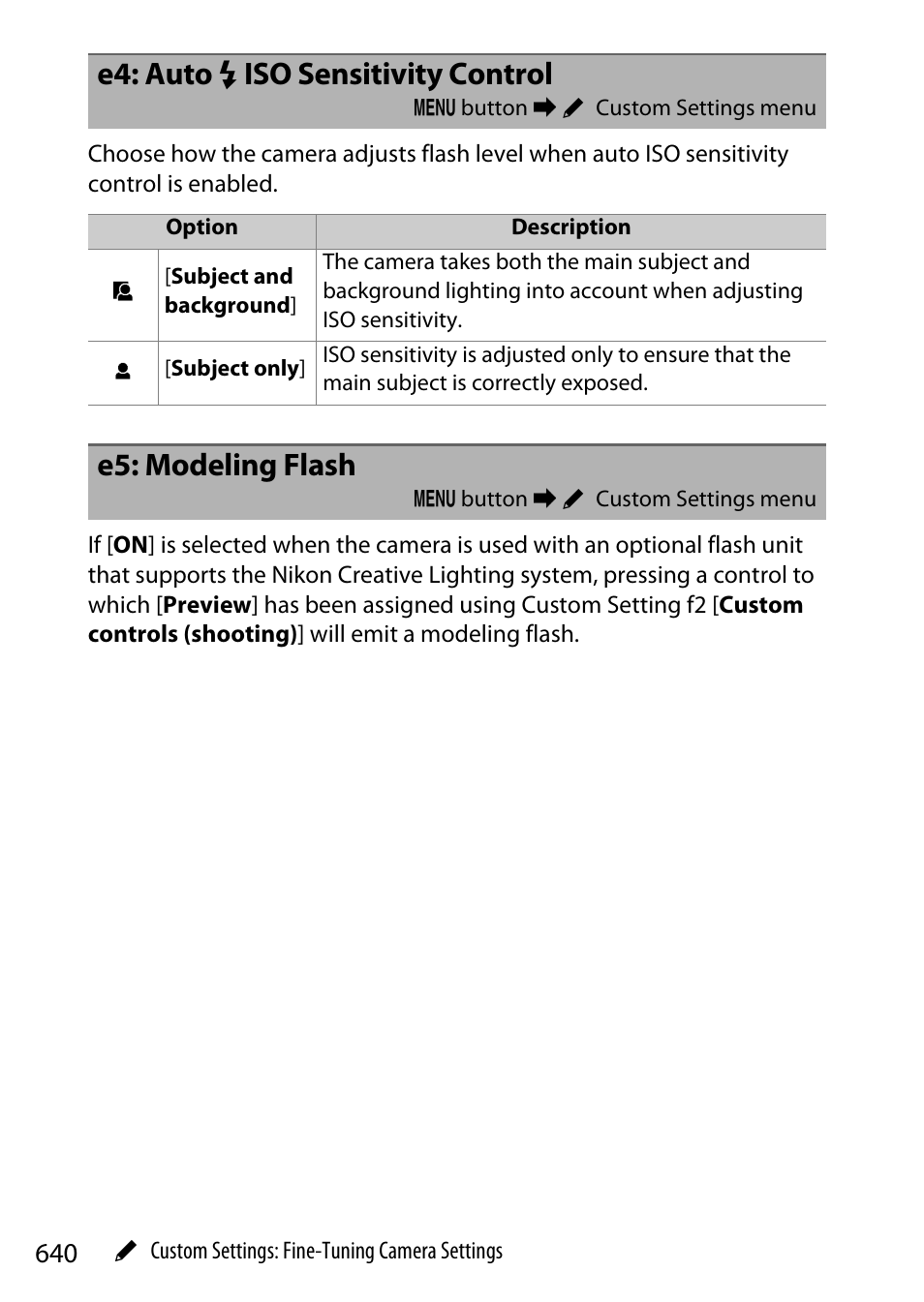 E4: auto flash iso sensitivity control, E5: modeling flash, E4: auto c iso sensitivity control | Nikon Z9 Mirrorless Camera User Manual | Page 640 / 914