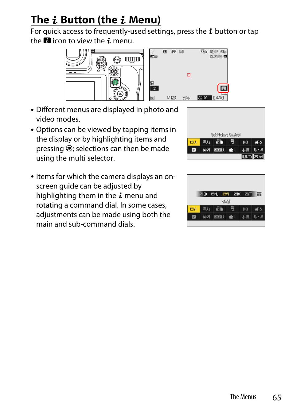 The i button (the i menu), Ting | Nikon Z9 Mirrorless Camera User Manual | Page 65 / 914