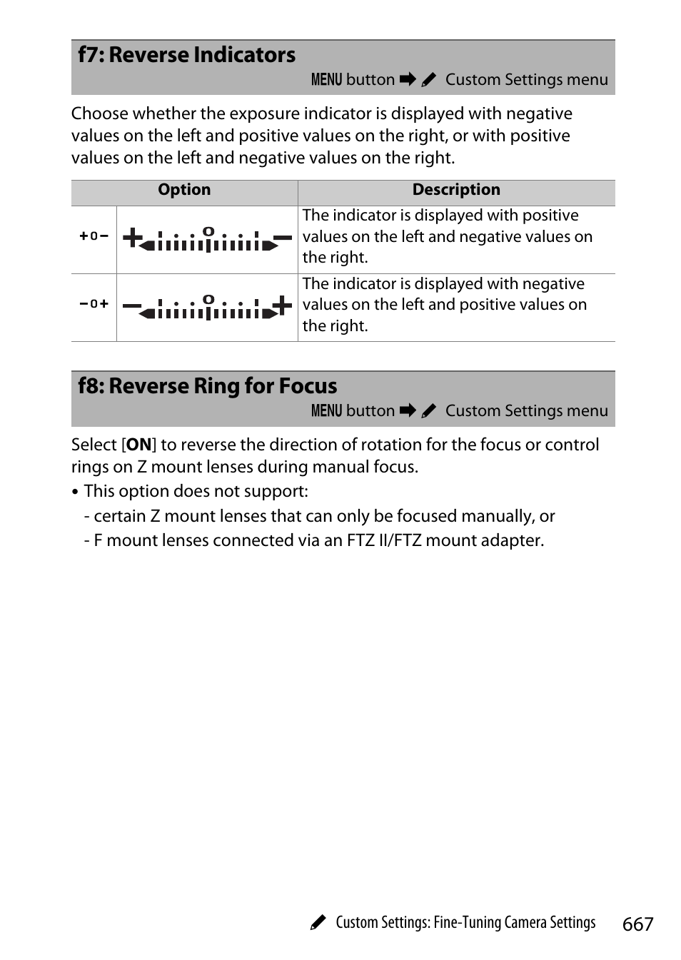 F7: reverse indicators, F8: reverse ring for focus | Nikon Z9 Mirrorless Camera User Manual | Page 667 / 914