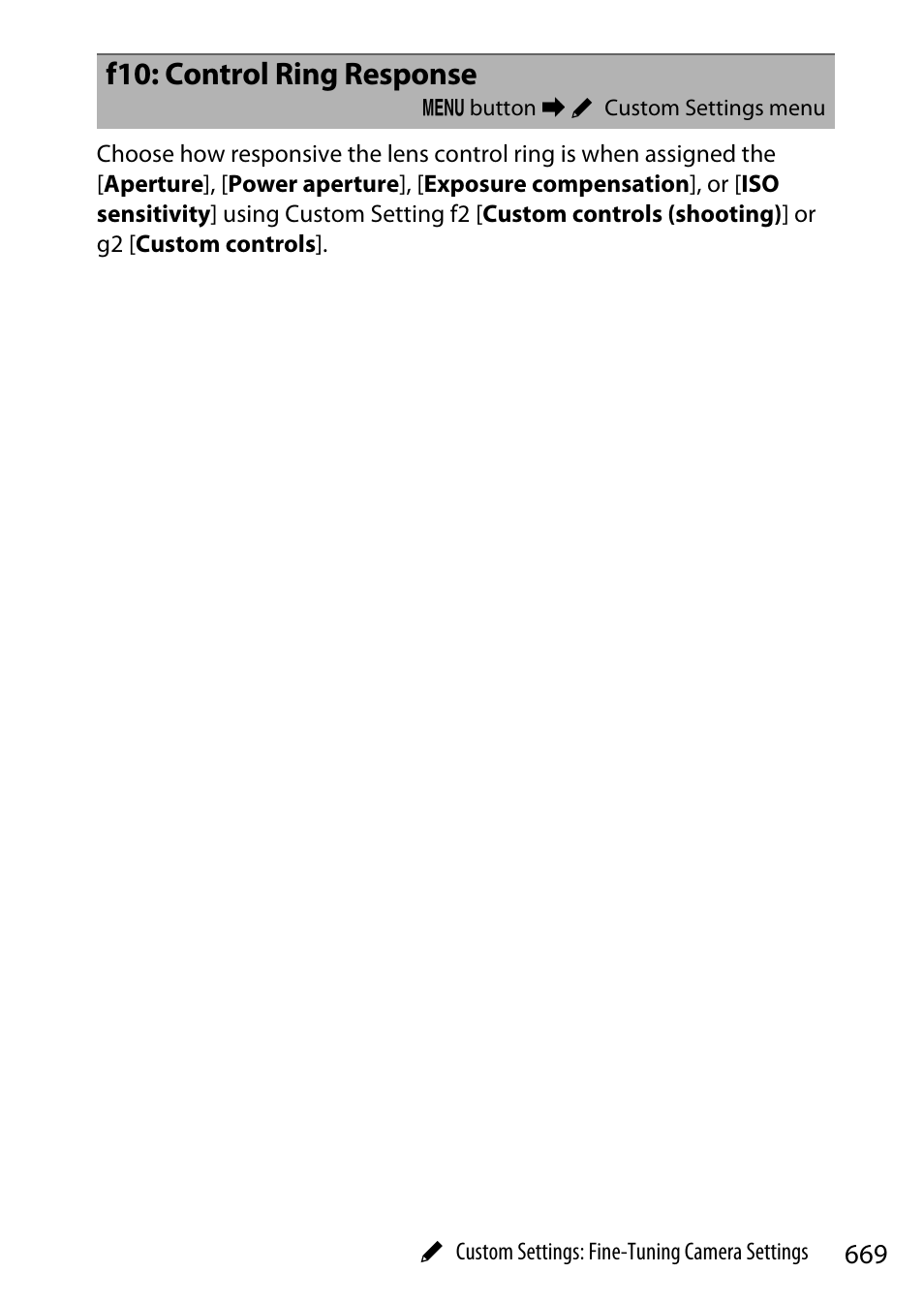 F10: control ring response | Nikon Z9 Mirrorless Camera User Manual | Page 669 / 914