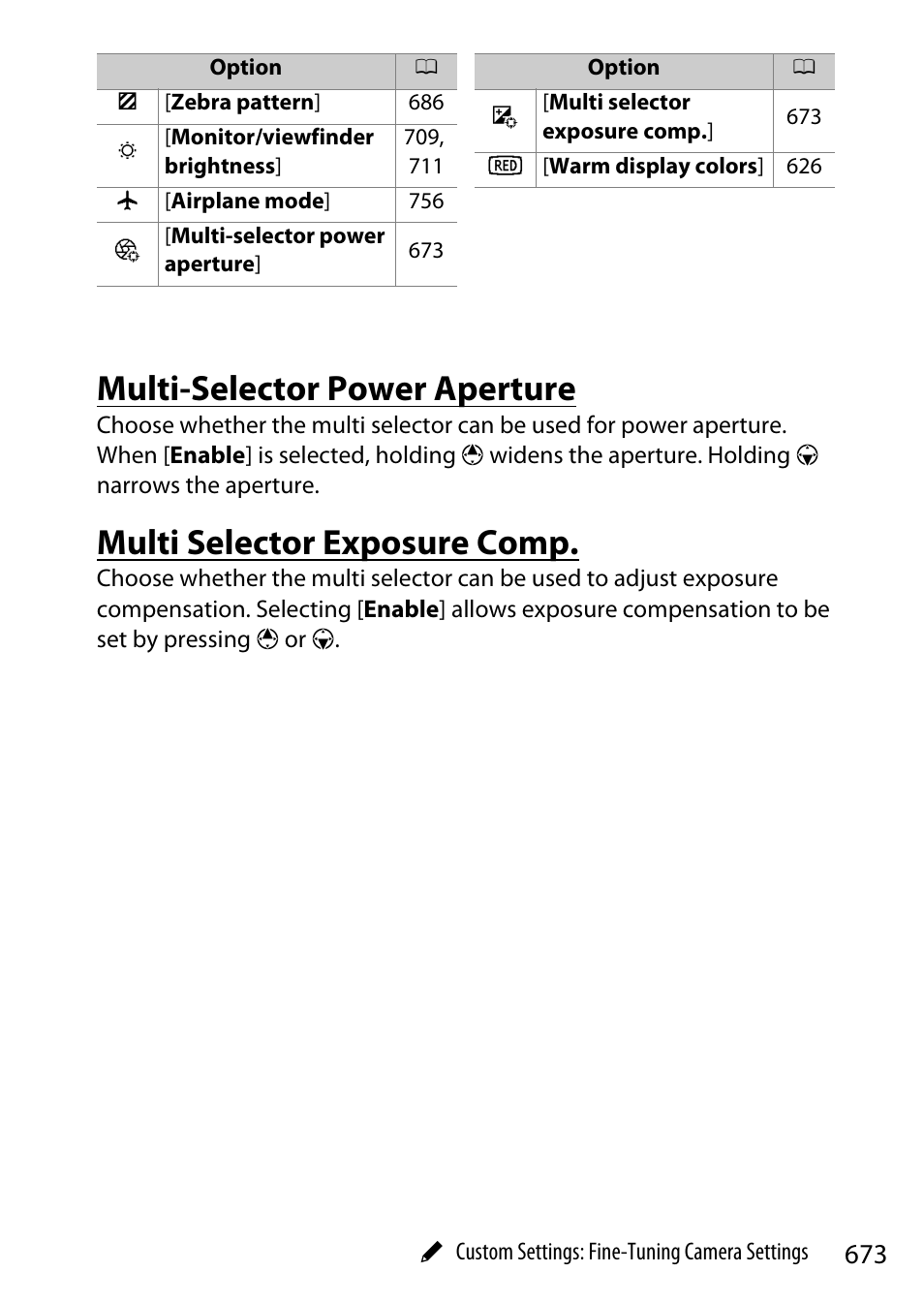 Multi-selector power aperture, Multi selector exposure comp | Nikon Z9 Mirrorless Camera User Manual | Page 673 / 914