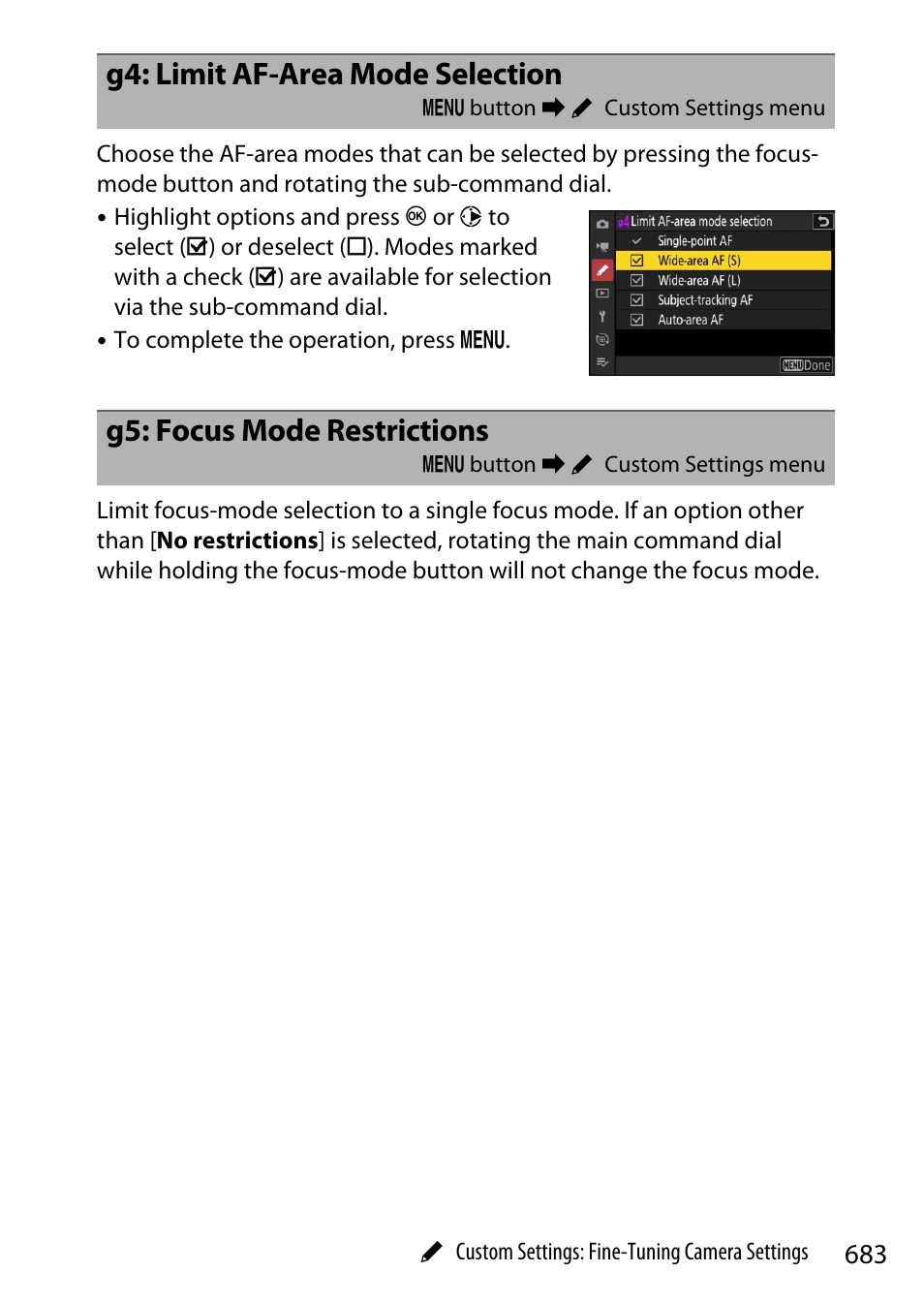 G4: limit af-area mode selection, G5: focus mode restrictions | Nikon Z9 Mirrorless Camera User Manual | Page 683 / 914