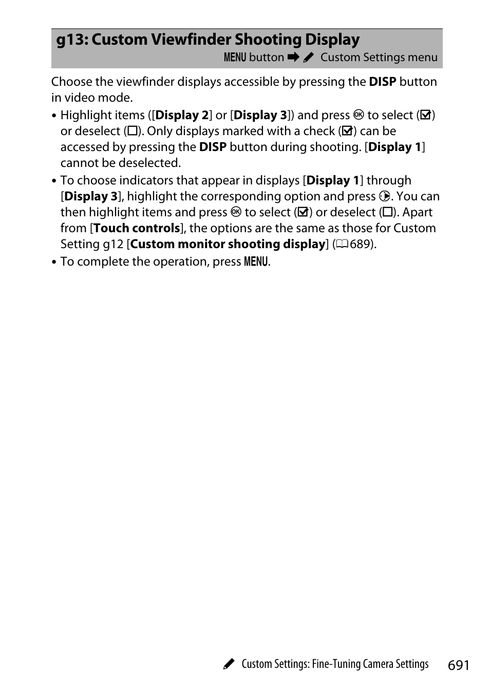 G13: custom viewfinder shooting display | Nikon Z9 Mirrorless Camera User Manual | Page 691 / 914