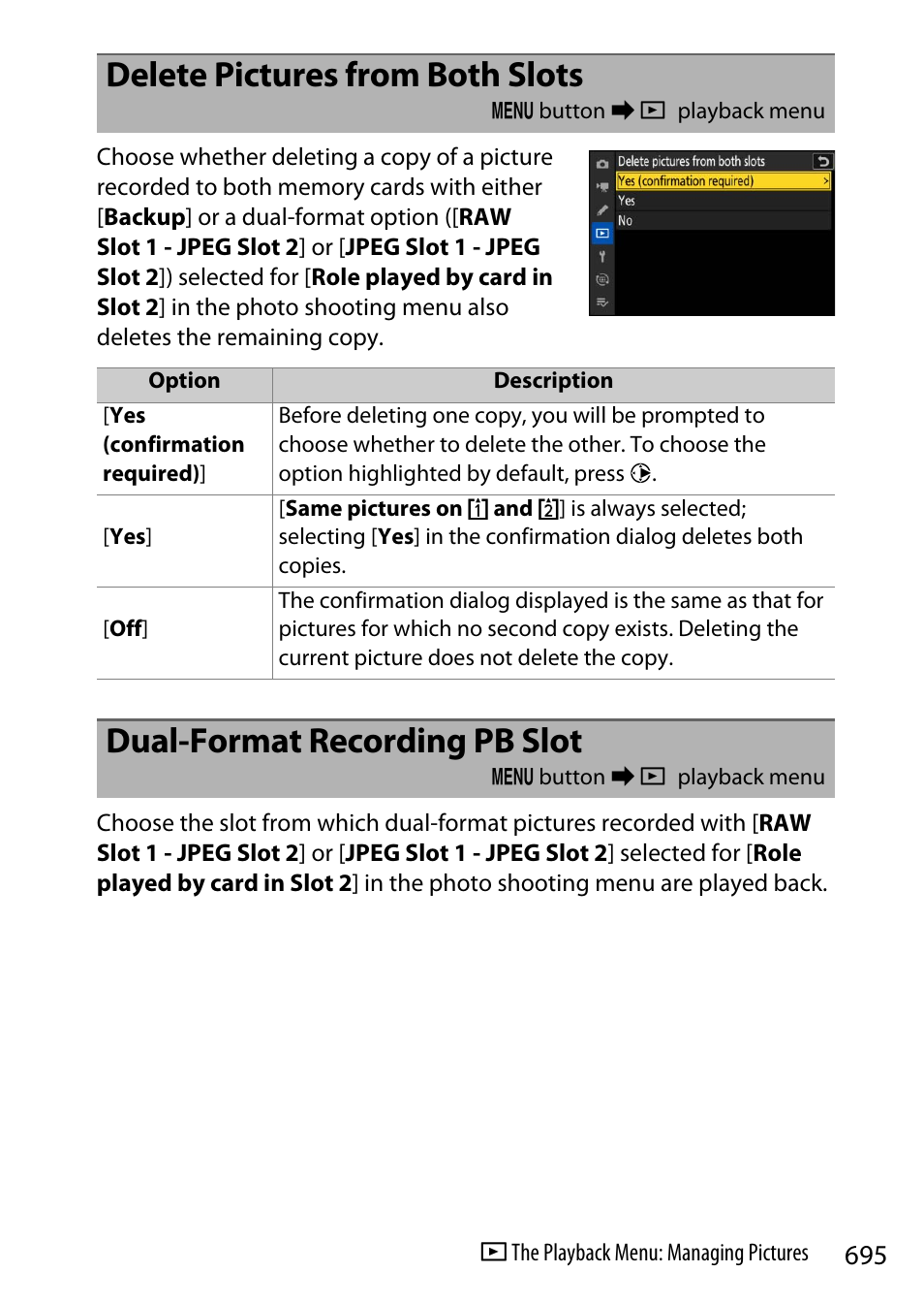 Delete pictures from both slots, Dual-format recording pb slot | Nikon Z9 Mirrorless Camera User Manual | Page 695 / 914