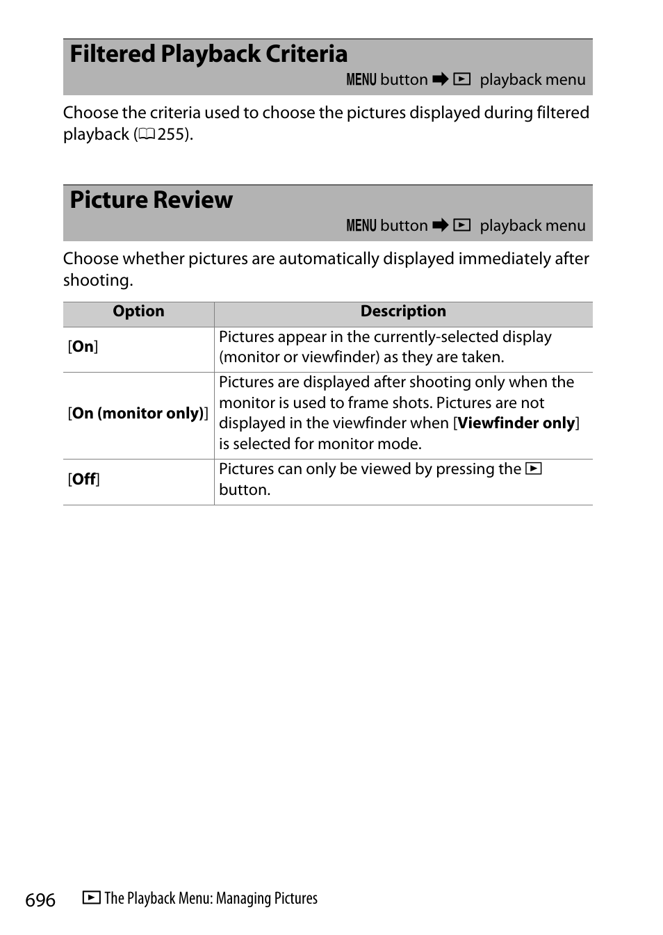 Filtered playback criteria, Picture review | Nikon Z9 Mirrorless Camera User Manual | Page 696 / 914