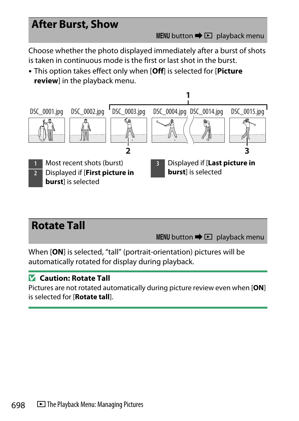 After burst, show, Rotate tall | Nikon Z9 Mirrorless Camera User Manual | Page 698 / 914