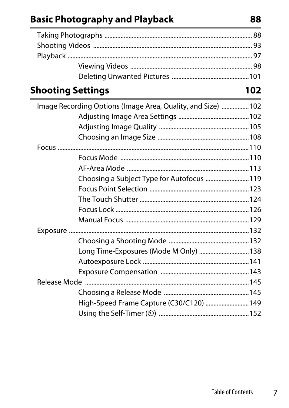 Basic photography and playback 88, Shooting settings 102 | Nikon Z9 Mirrorless Camera User Manual | Page 7 / 914