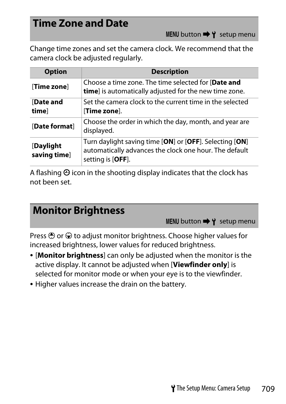 Time zone and date, Monitor brightness | Nikon Z9 Mirrorless Camera User Manual | Page 709 / 914