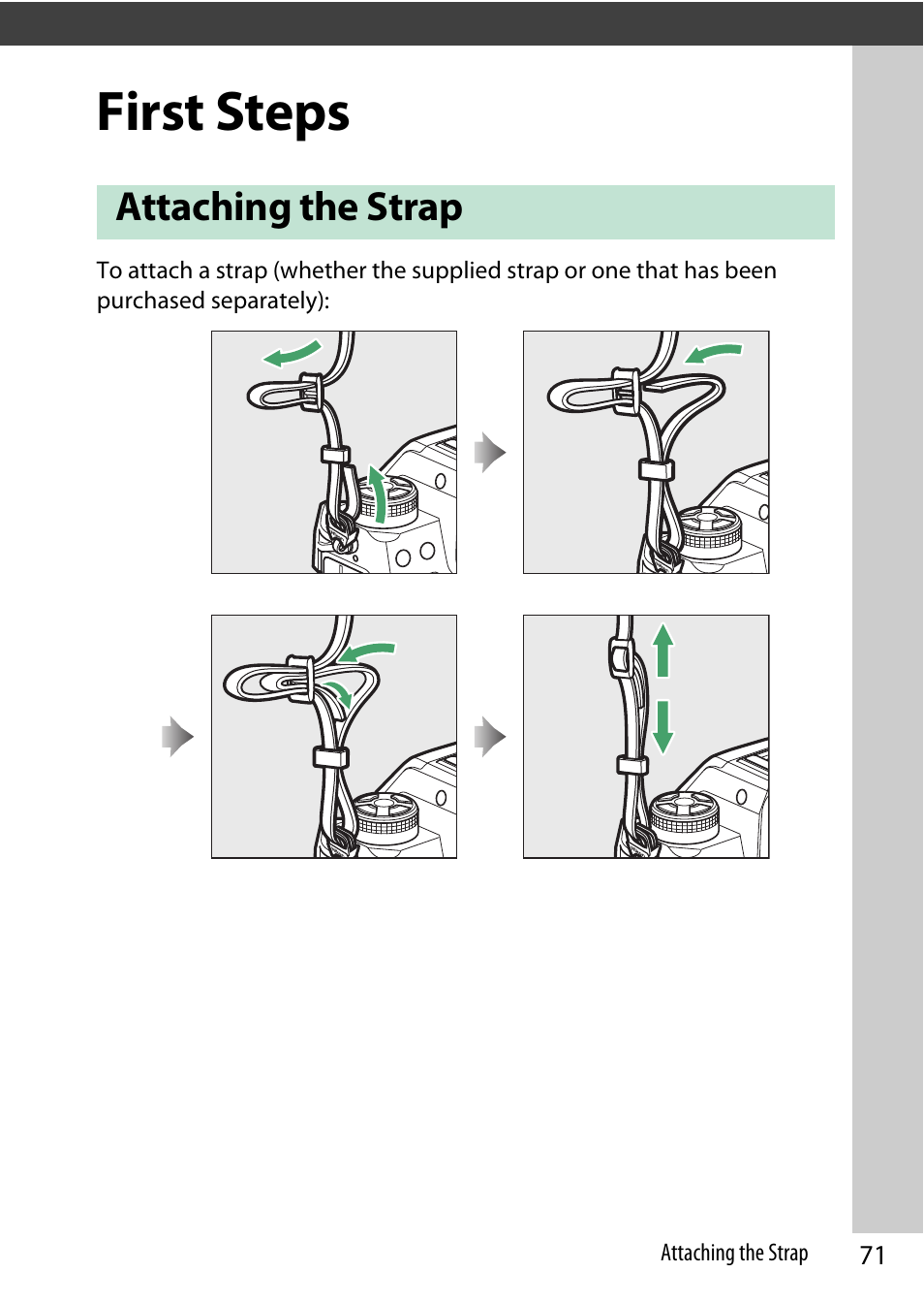 First steps, Attaching the strap | Nikon Z9 Mirrorless Camera User Manual | Page 71 / 914