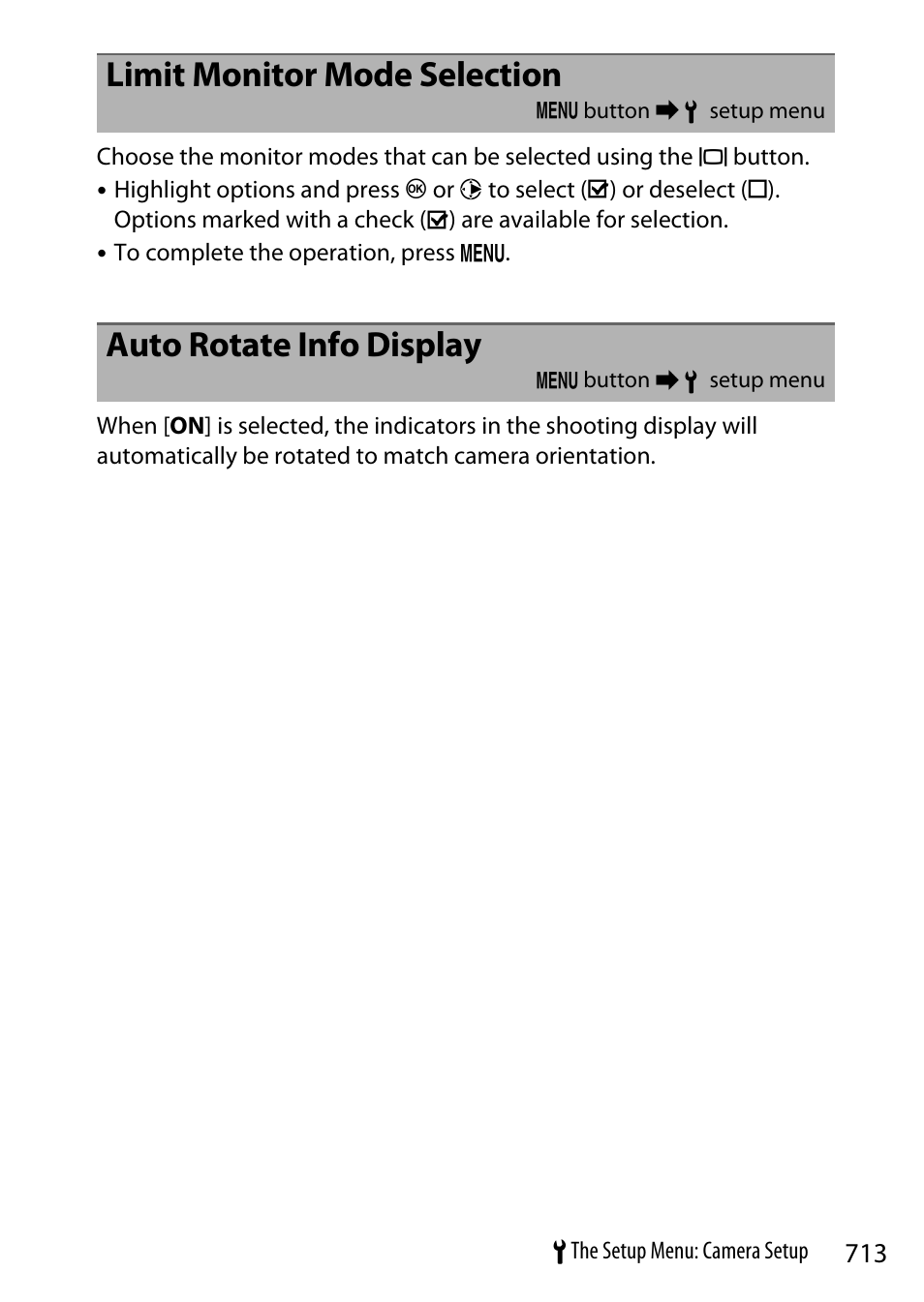 Limit monitor mode selection, Auto rotate info display | Nikon Z9 Mirrorless Camera User Manual | Page 713 / 914