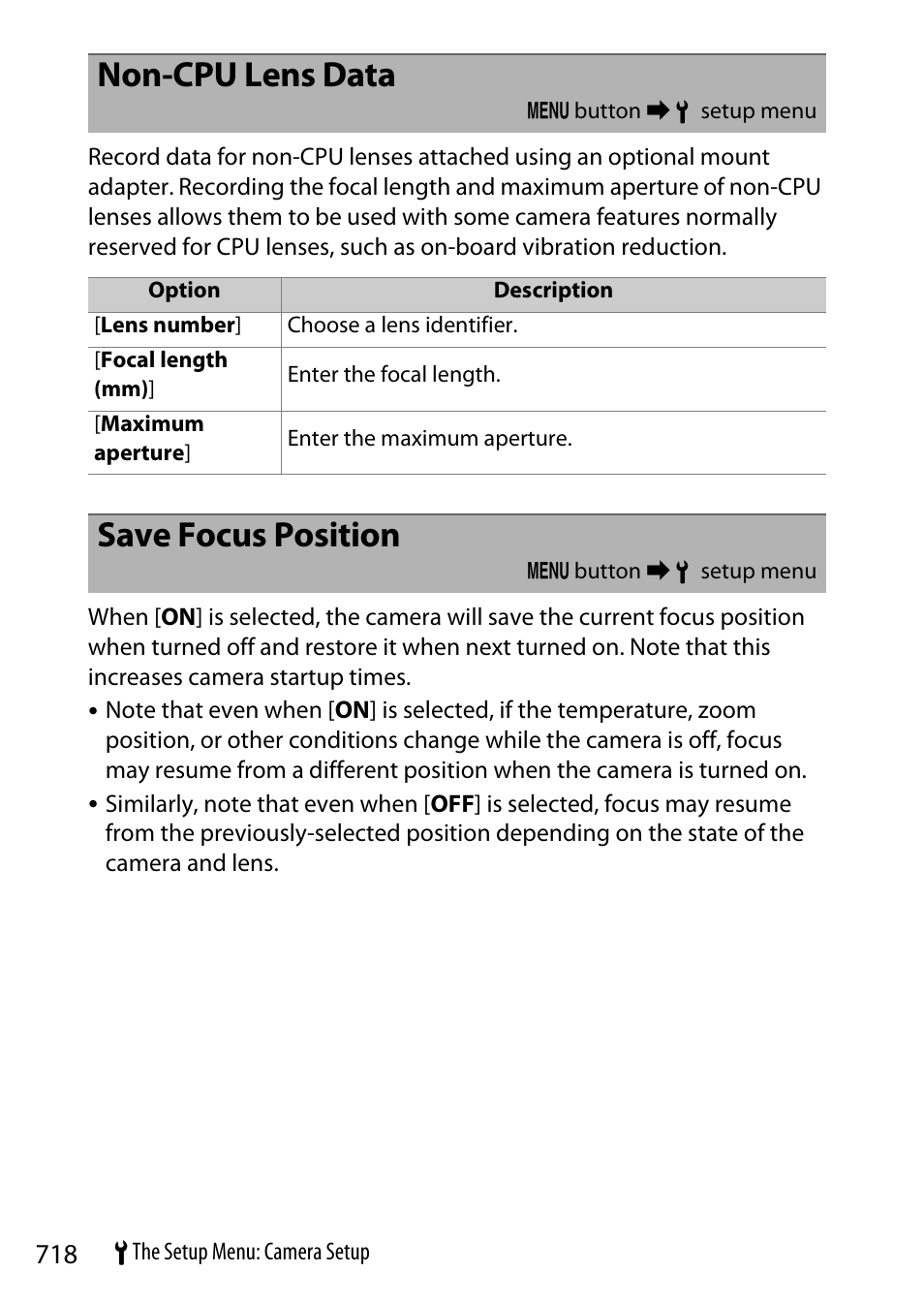 Non-cpu lens data, Save focus position | Nikon Z9 Mirrorless Camera User Manual | Page 718 / 914