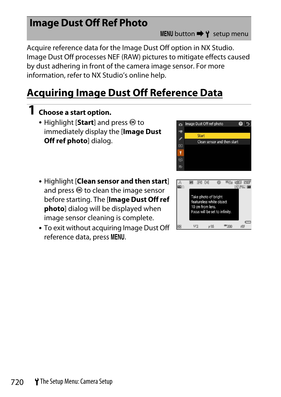 Image dust off ref photo, Acquiring image dust off reference data | Nikon Z9 Mirrorless Camera User Manual | Page 720 / 914