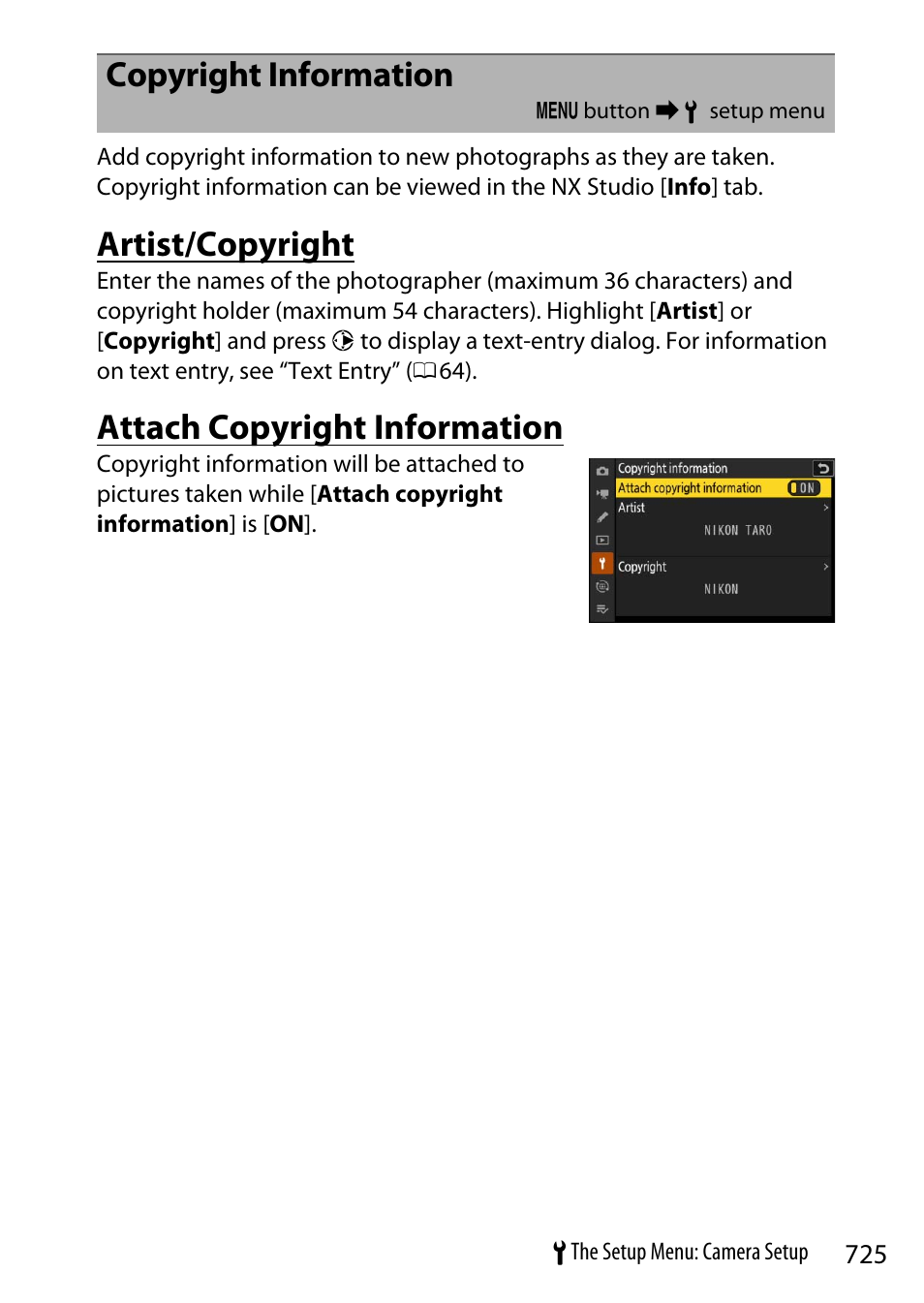 Copyright information, Artist/copyright, Attach copyright information | Nikon Z9 Mirrorless Camera User Manual | Page 725 / 914