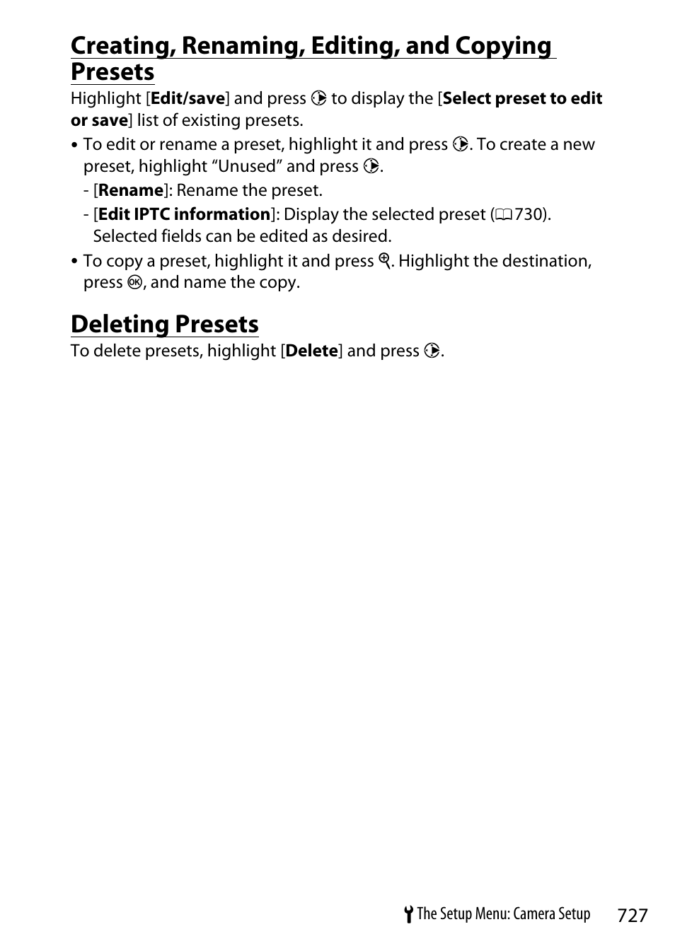 Creating, renaming, editing, and copying presets, Deleting presets | Nikon Z9 Mirrorless Camera User Manual | Page 727 / 914