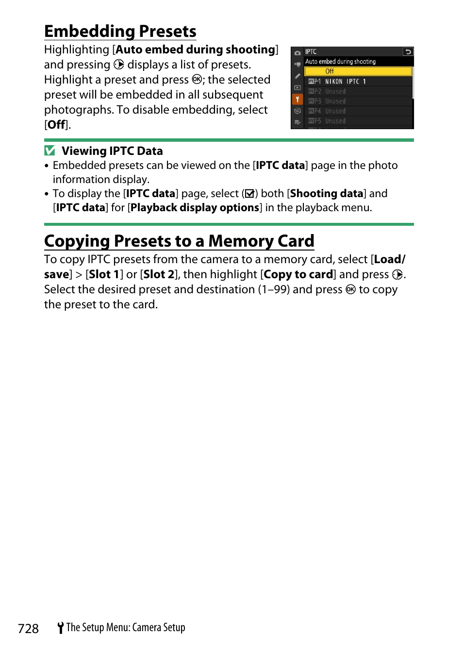 Embedding presets, Copying presets to a memory card | Nikon Z9 Mirrorless Camera User Manual | Page 728 / 914