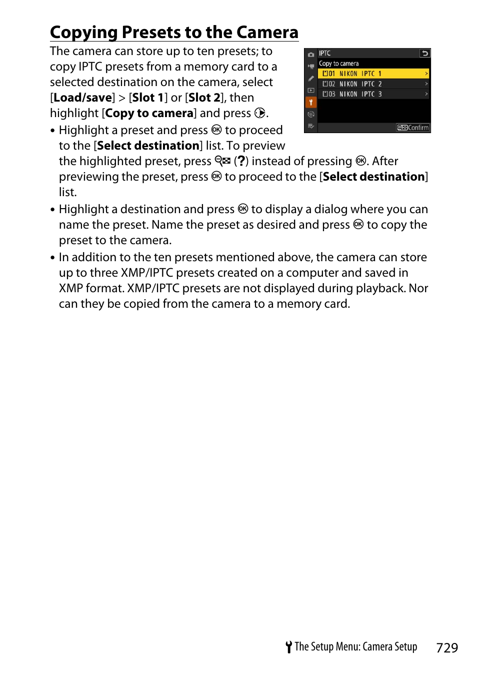Copying presets to the camera | Nikon Z9 Mirrorless Camera User Manual | Page 729 / 914