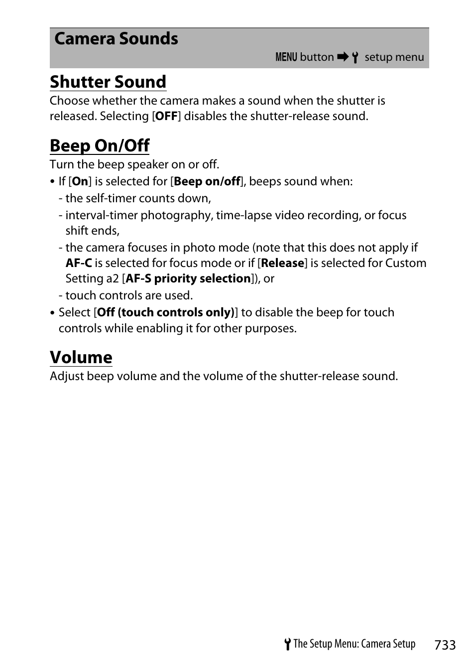 Camera sounds, Shutter sound, Beep on/off | Volume | Nikon Z9 Mirrorless Camera User Manual | Page 733 / 914