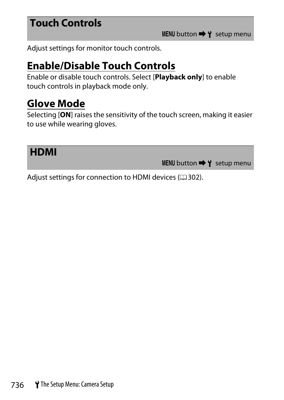 Touch controls, Enable/disable touch controls, Glove mode | Hdmi | Nikon Z9 Mirrorless Camera User Manual | Page 736 / 914