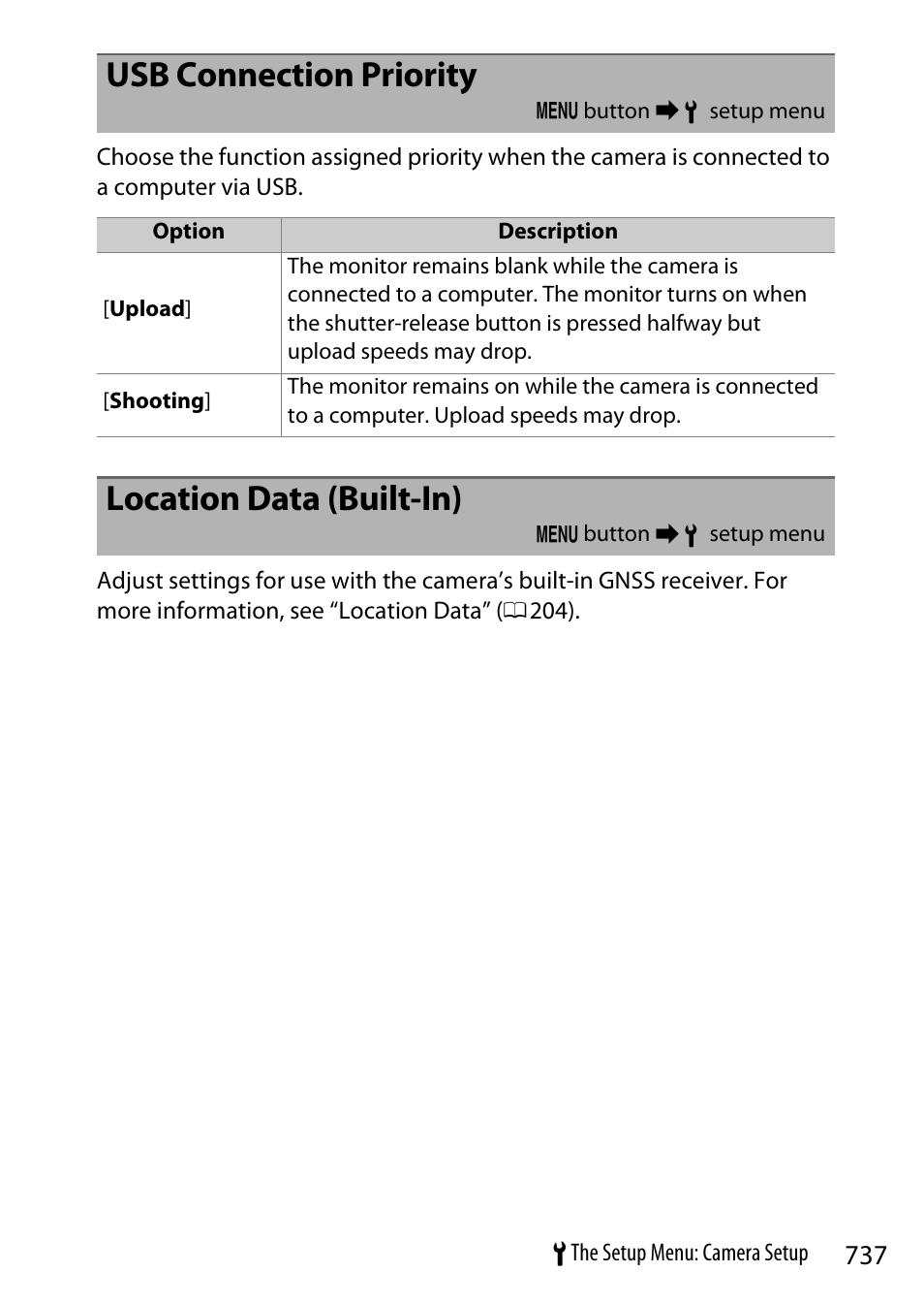 Usb connection priority, Location data (built-in) | Nikon Z9 Mirrorless Camera User Manual | Page 737 / 914