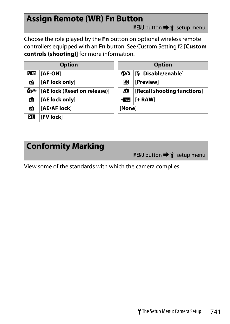 Assign remote (wr) fn button, Conformity marking | Nikon Z9 Mirrorless Camera User Manual | Page 741 / 914