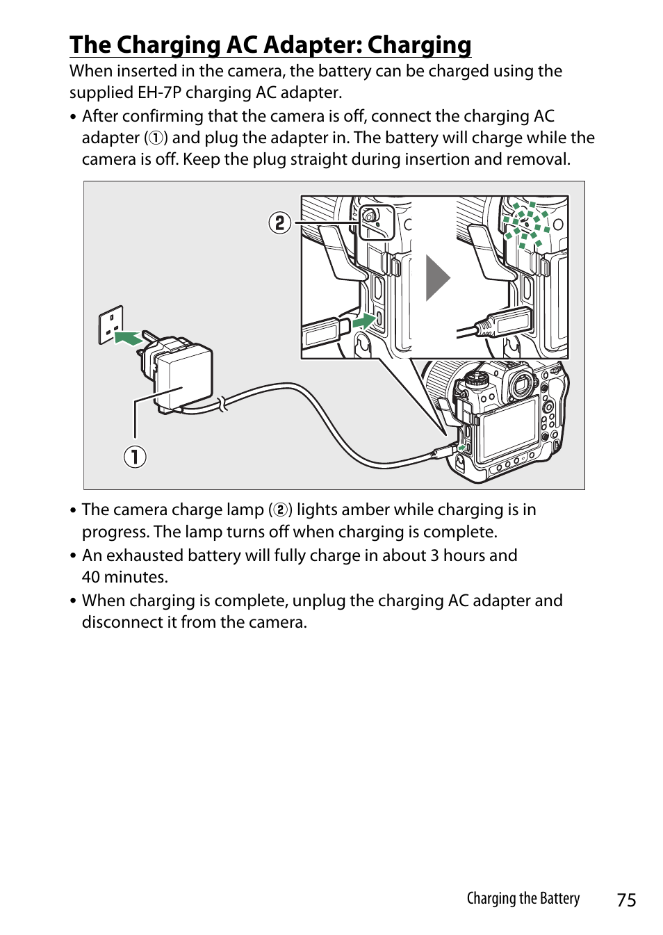 The charging ac adapter: charging | Nikon Z9 Mirrorless Camera User Manual | Page 75 / 914