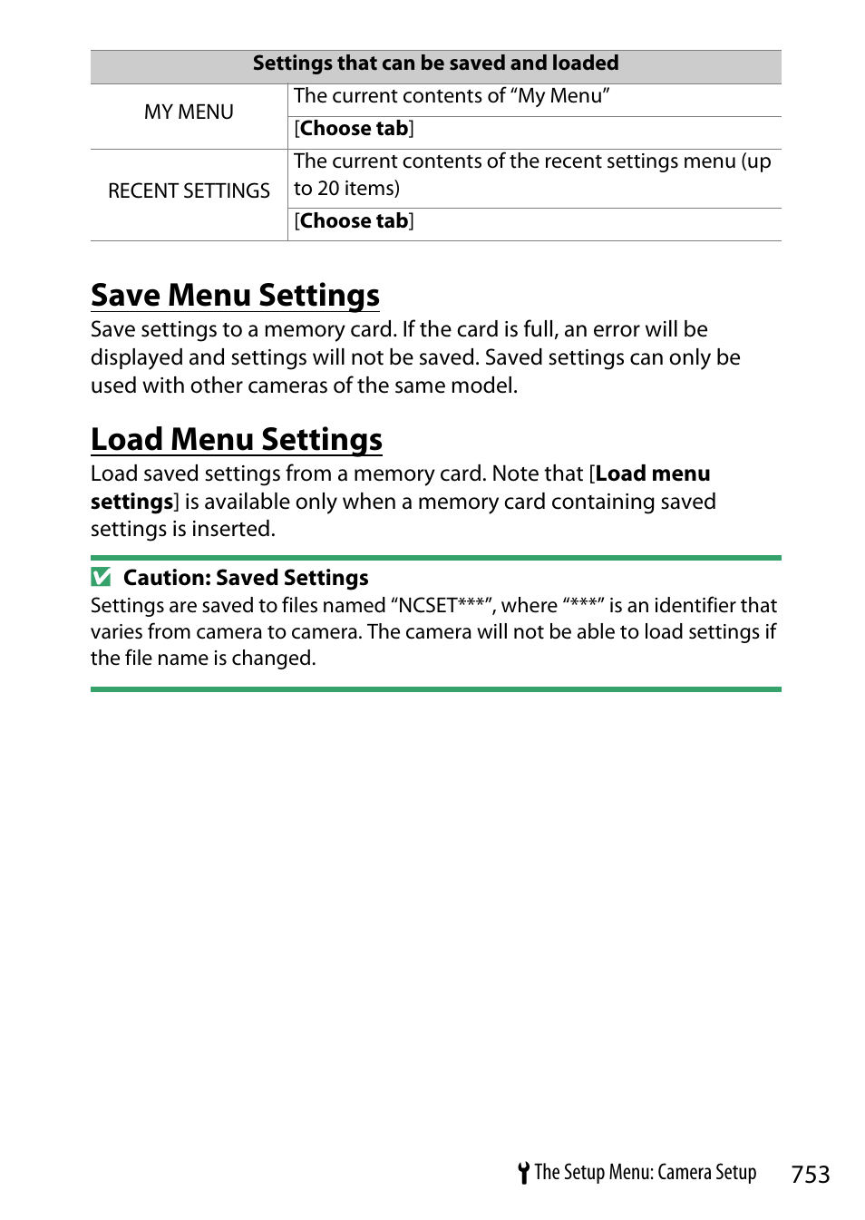 Save menu settings, Load menu settings | Nikon Z9 Mirrorless Camera User Manual | Page 753 / 914