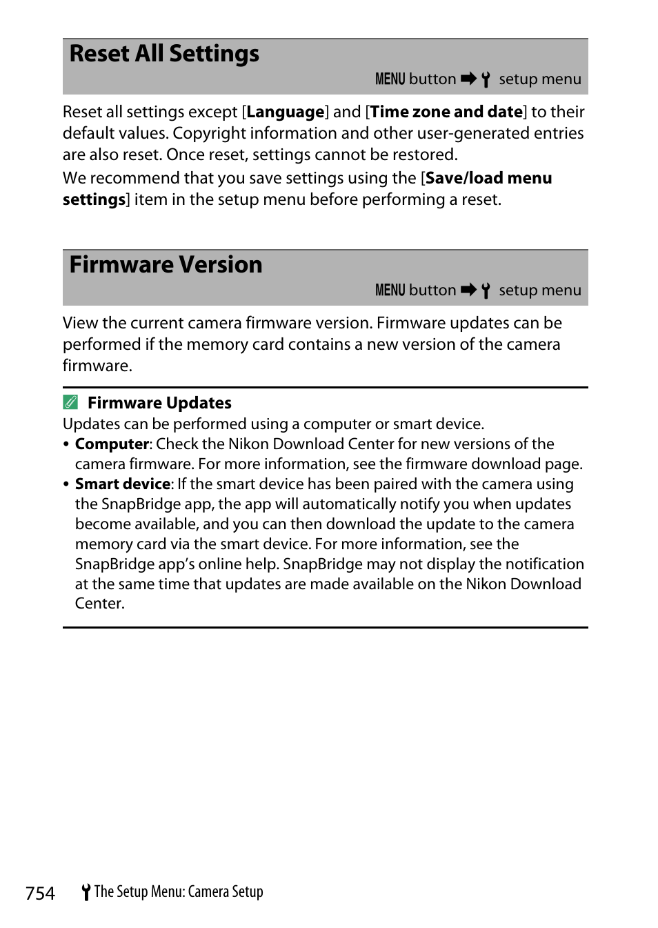 Reset all settings, Firmware version | Nikon Z9 Mirrorless Camera User Manual | Page 754 / 914