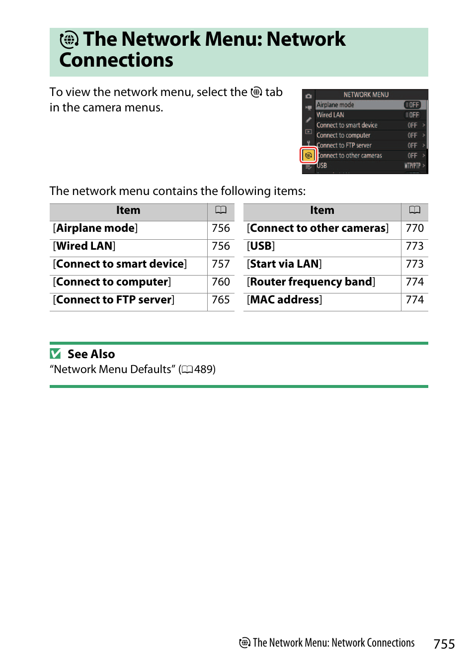 The network menu: network connections | Nikon Z9 Mirrorless Camera User Manual | Page 755 / 914