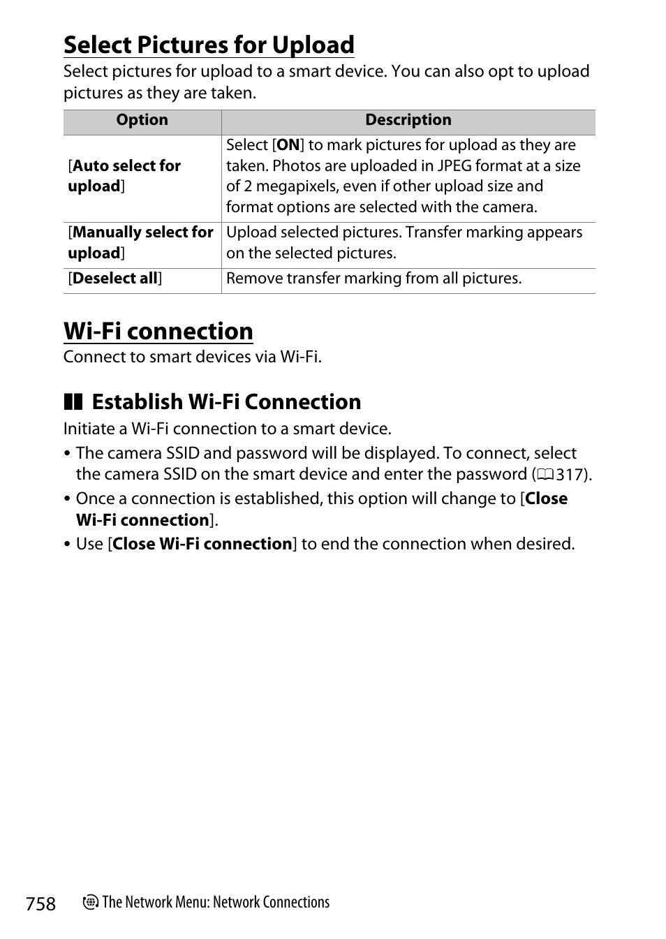 Select pictures for upload, Wi-fi connection, Establish wi-fi connection | Nikon Z9 Mirrorless Camera User Manual | Page 758 / 914