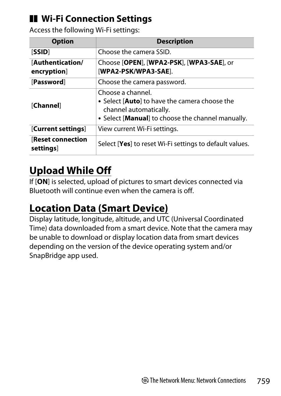 Upload while off, Location data (smart device), Wi-fi connection settings | Nikon Z9 Mirrorless Camera User Manual | Page 759 / 914