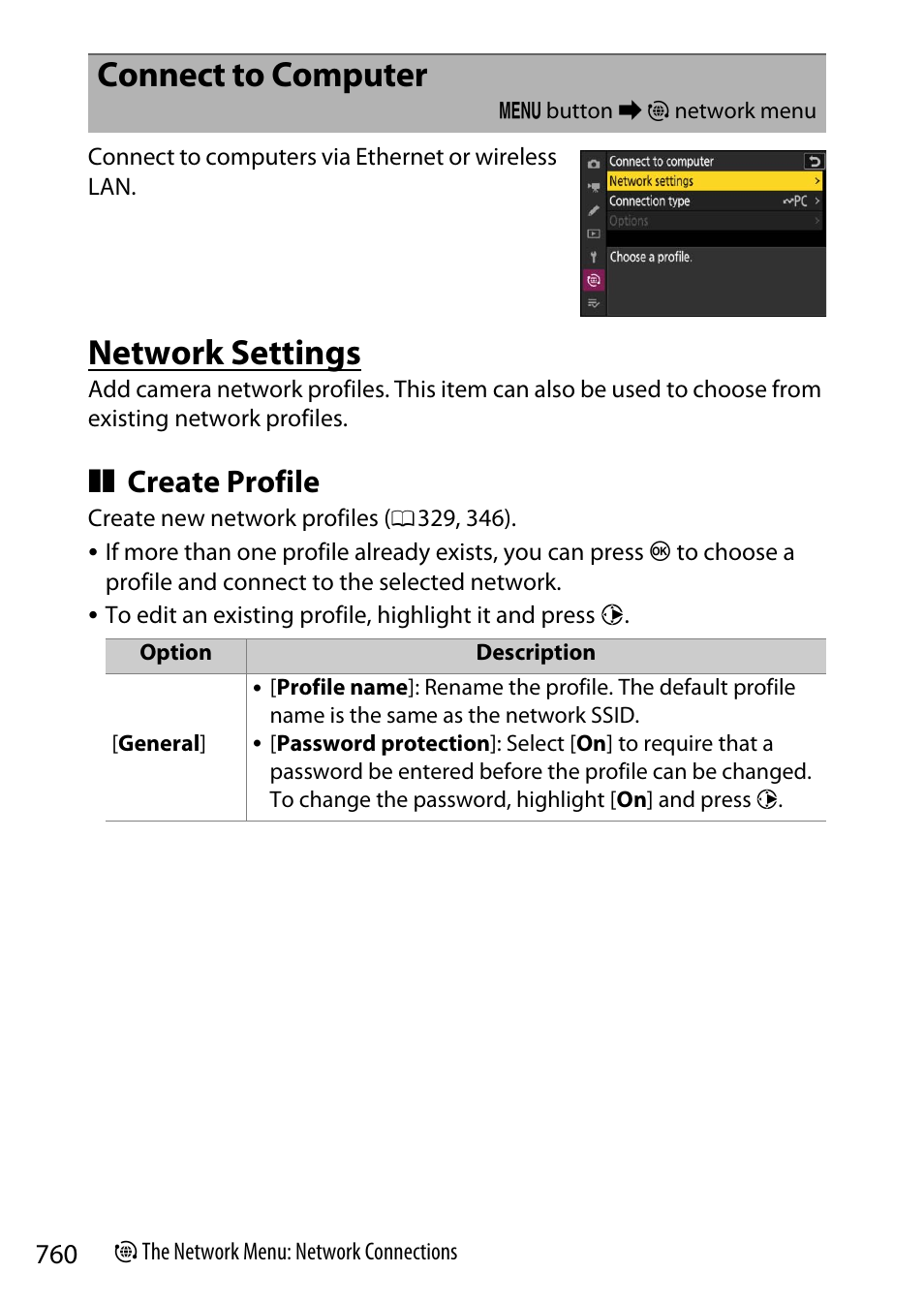 Connect to computer, Network settings, Create profile | Nikon Z9 Mirrorless Camera User Manual | Page 760 / 914