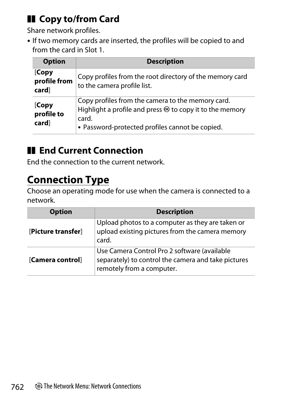 Connection type, Copy to/from card, End current connection | Nikon Z9 Mirrorless Camera User Manual | Page 762 / 914