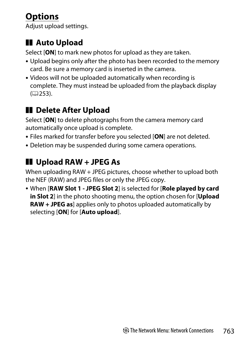 Options, Auto upload, Delete after upload | Upload raw + jpeg as | Nikon Z9 Mirrorless Camera User Manual | Page 763 / 914