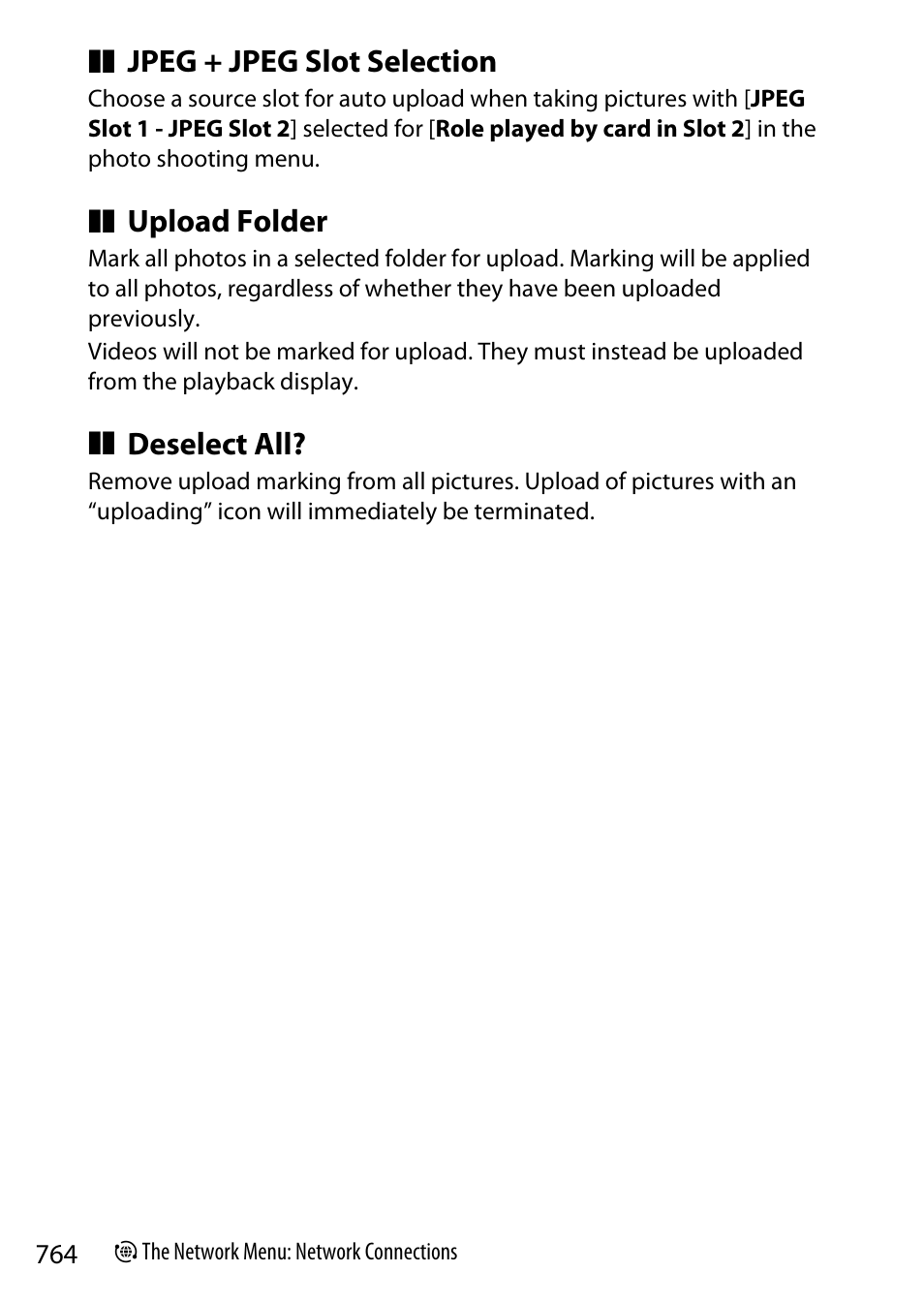 Jpeg + jpeg slot selection, Upload folder, Deselect all | Nikon Z9 Mirrorless Camera User Manual | Page 764 / 914