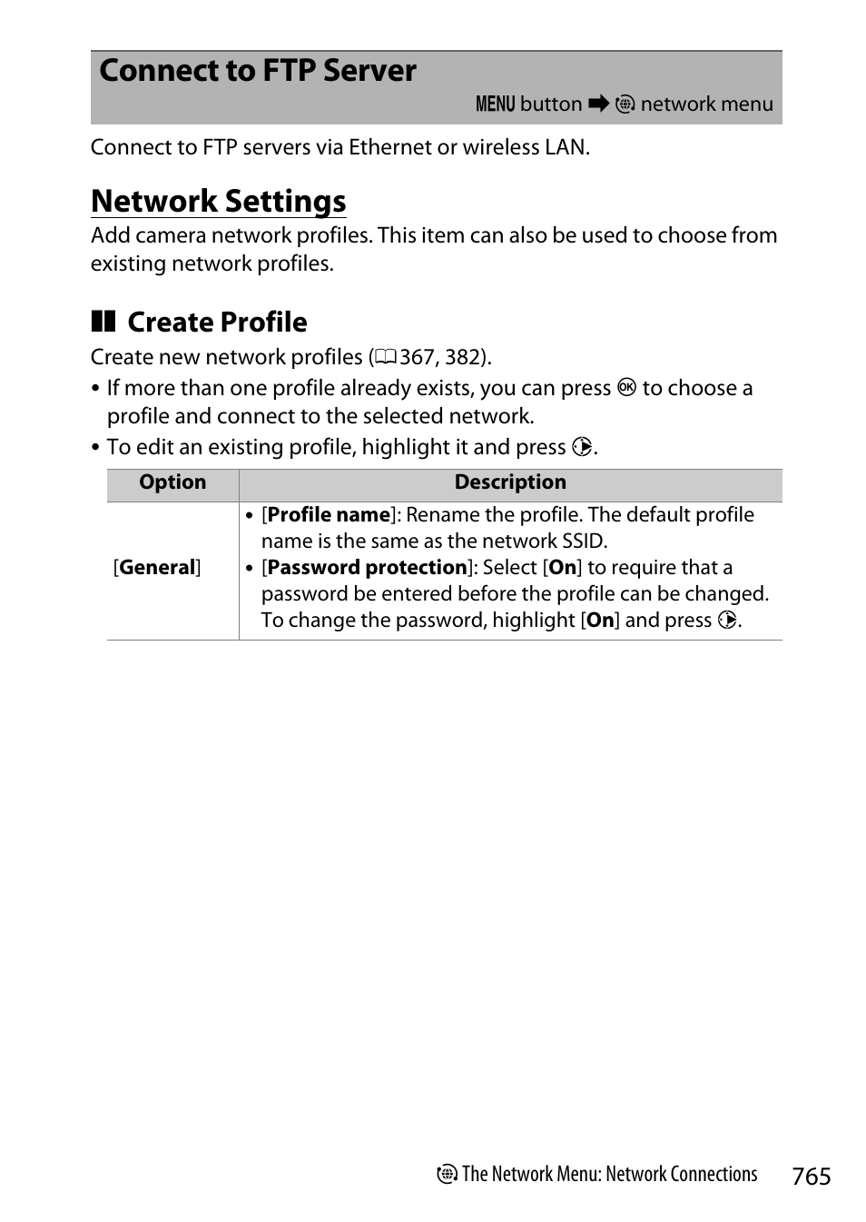 Connect to ftp server, Network settings, Create profile | Nikon Z9 Mirrorless Camera User Manual | Page 765 / 914