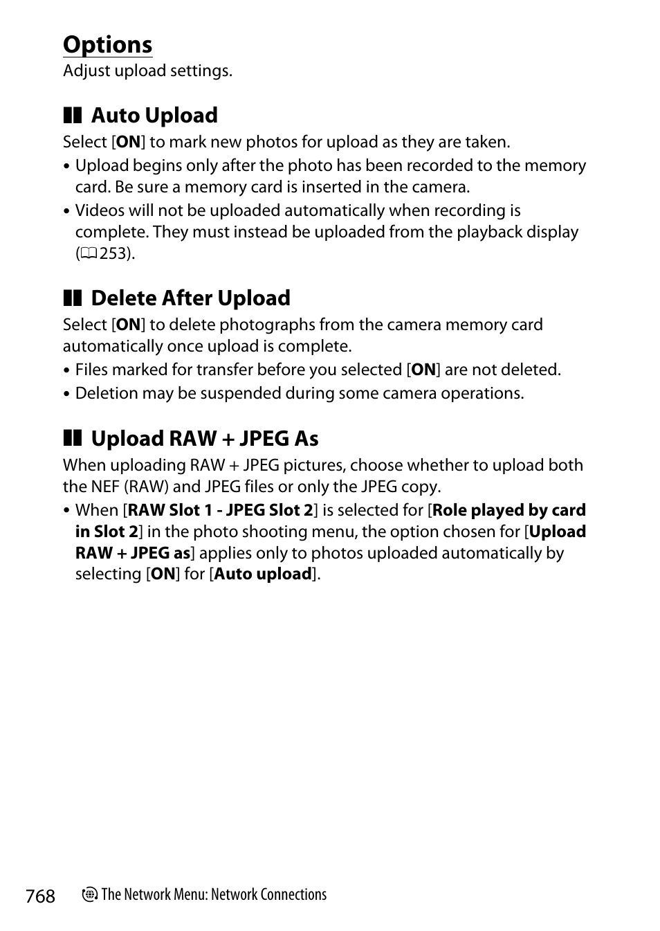 Options, Auto upload, Delete after upload | Upload raw + jpeg as | Nikon Z9 Mirrorless Camera User Manual | Page 768 / 914