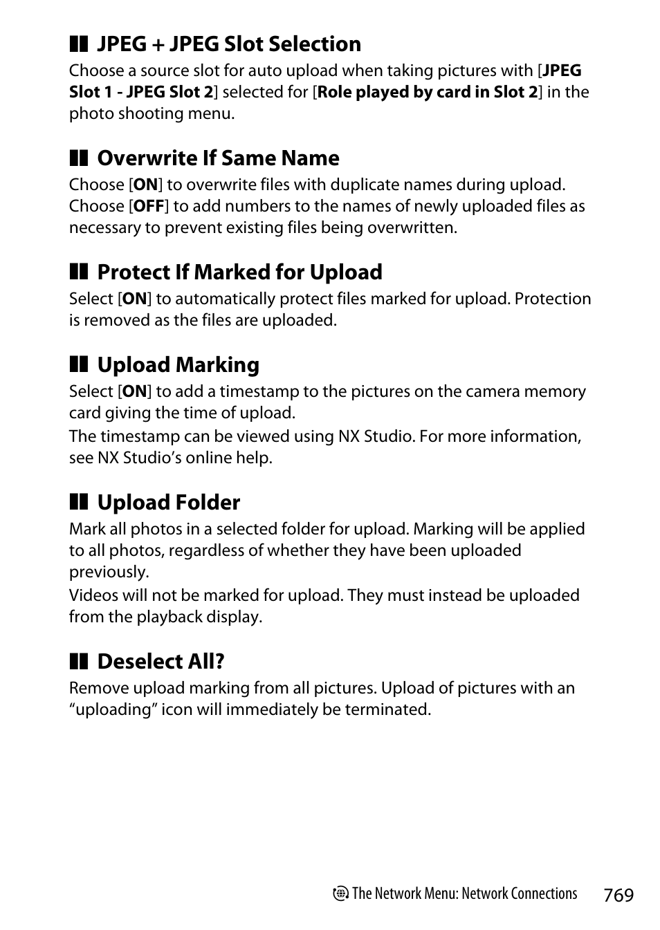 Jpeg + jpeg slot selection, Overwrite if same name, Protect if marked for upload | Upload marking, Upload folder, Deselect all | Nikon Z9 Mirrorless Camera User Manual | Page 769 / 914