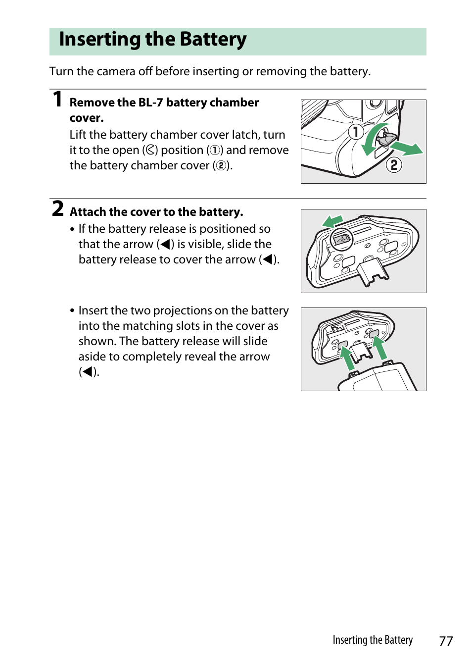 Inserting the battery, Cover | Nikon Z9 Mirrorless Camera User Manual | Page 77 / 914