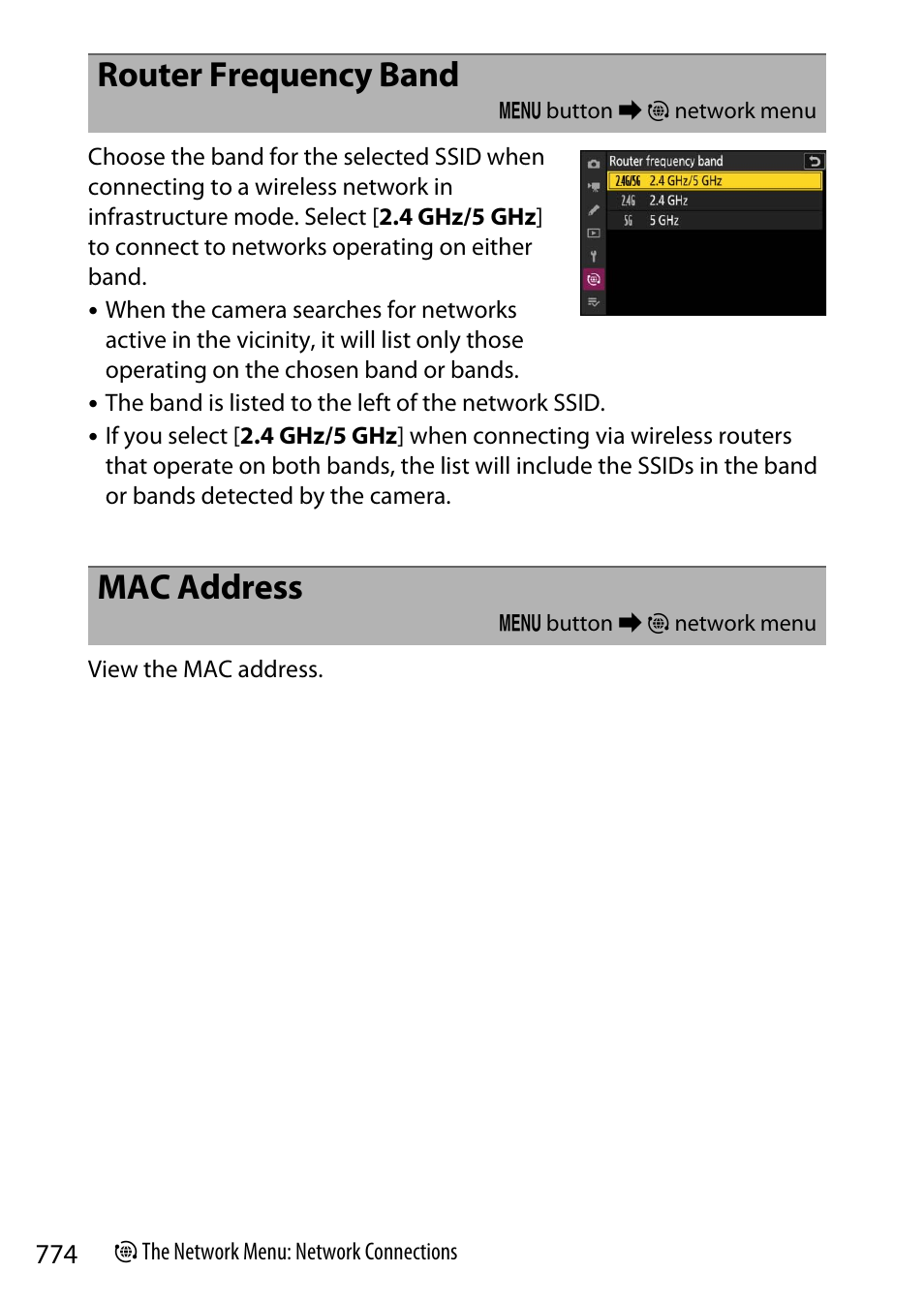 Router frequency band, Mac address | Nikon Z9 Mirrorless Camera User Manual | Page 774 / 914