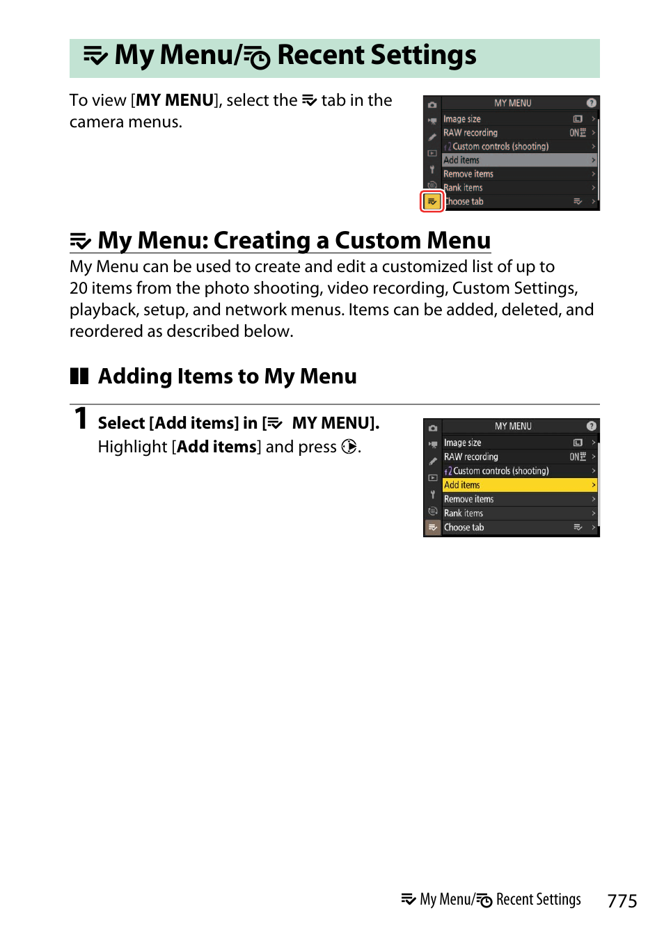 My menu/recent settings, My menu: creating a custom menu, My menu | Recent settings, Omy menu: creating a custom menu | Nikon Z9 Mirrorless Camera User Manual | Page 775 / 914