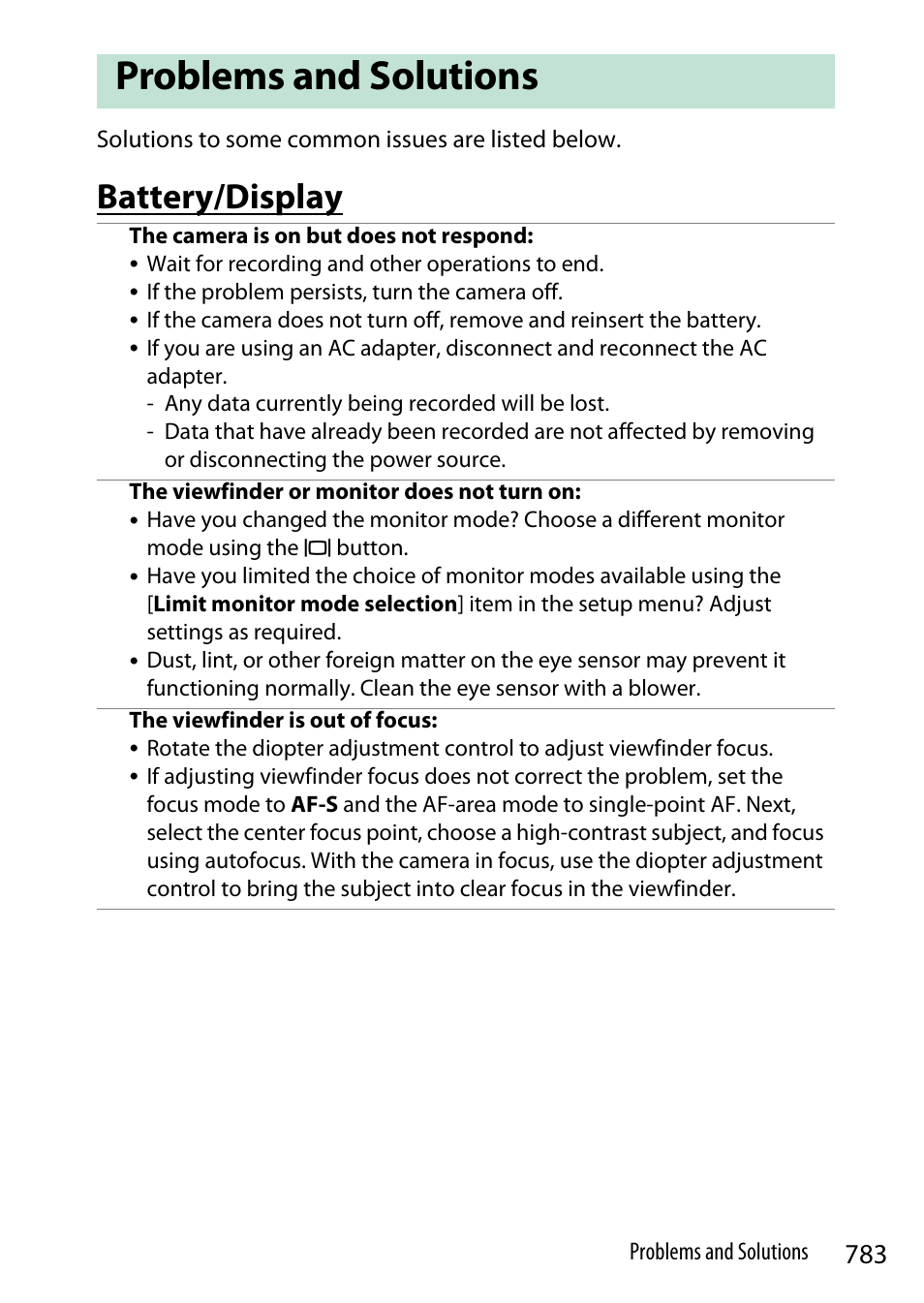 Problems and solutions, Battery/display | Nikon Z9 Mirrorless Camera User Manual | Page 783 / 914