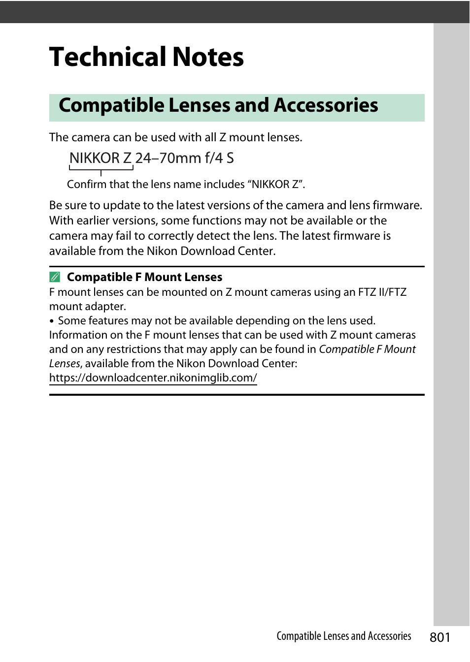 Technical notes, Compatible lenses and accessories | Nikon Z9 Mirrorless Camera User Manual | Page 801 / 914