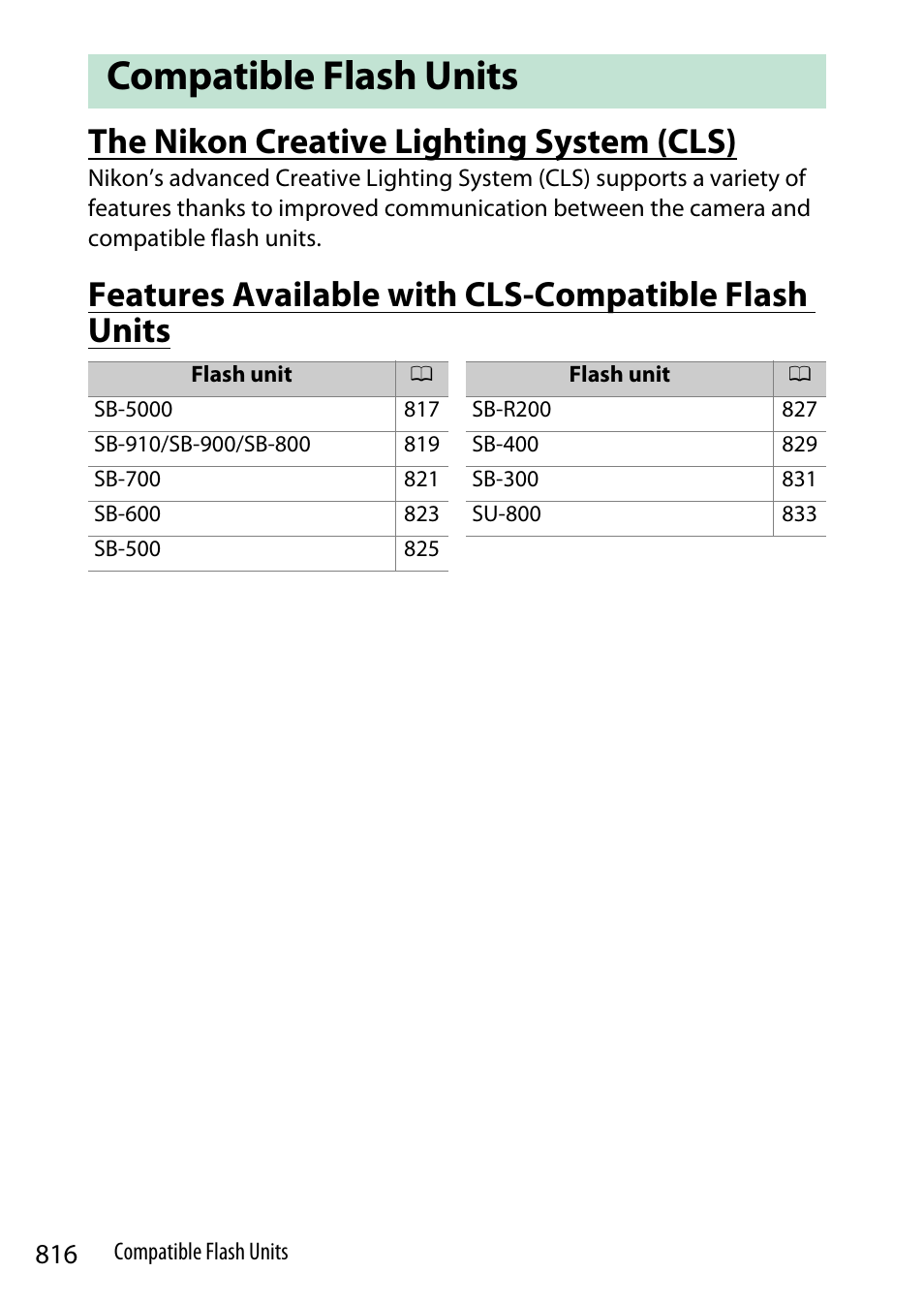 Compatible flash units, The nikon creative lighting system (cls), Features available with cls-compatible flash units | Nikon Z9 Mirrorless Camera User Manual | Page 816 / 914