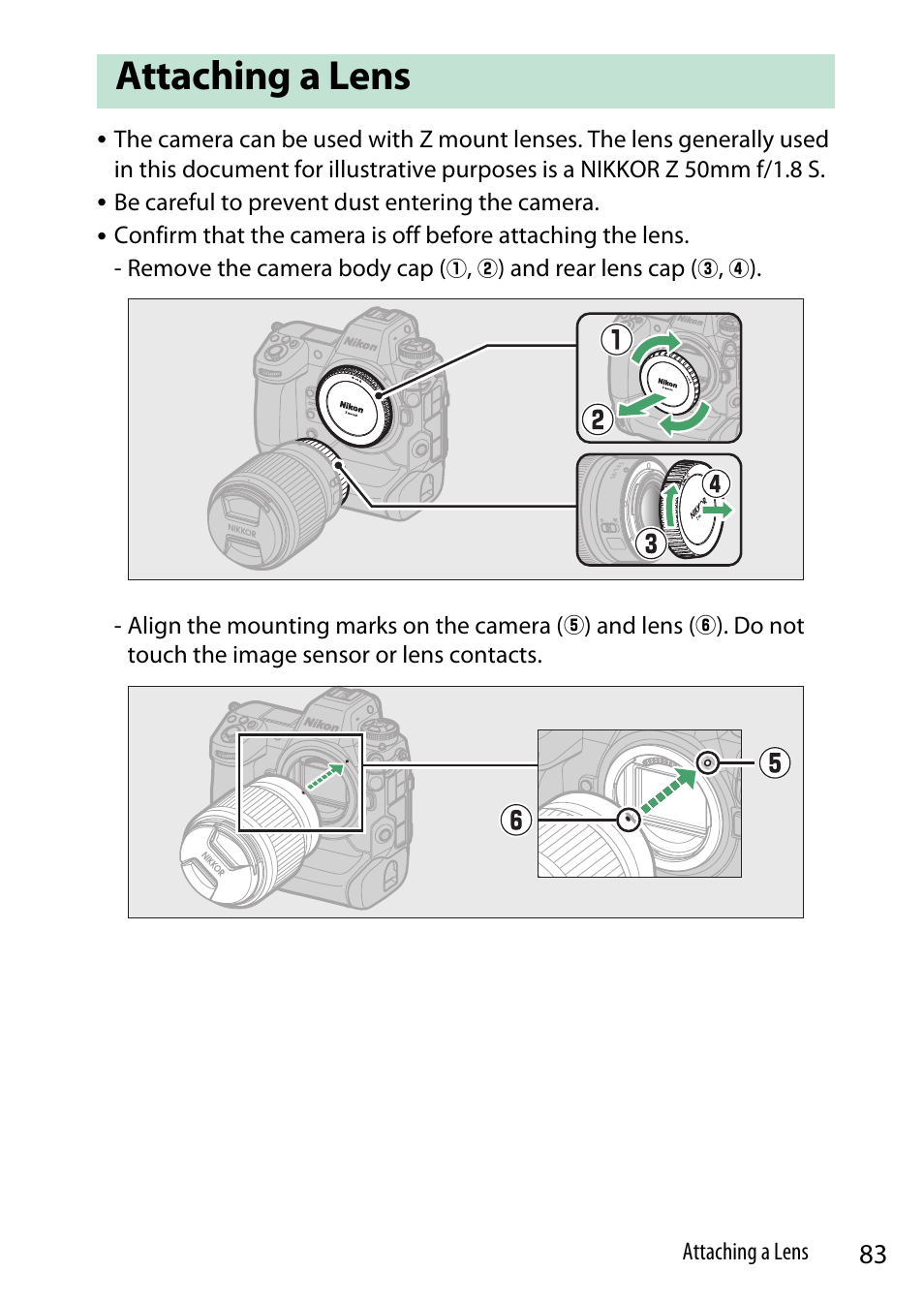 Attaching a lens | Nikon Z9 Mirrorless Camera User Manual | Page 83 / 914