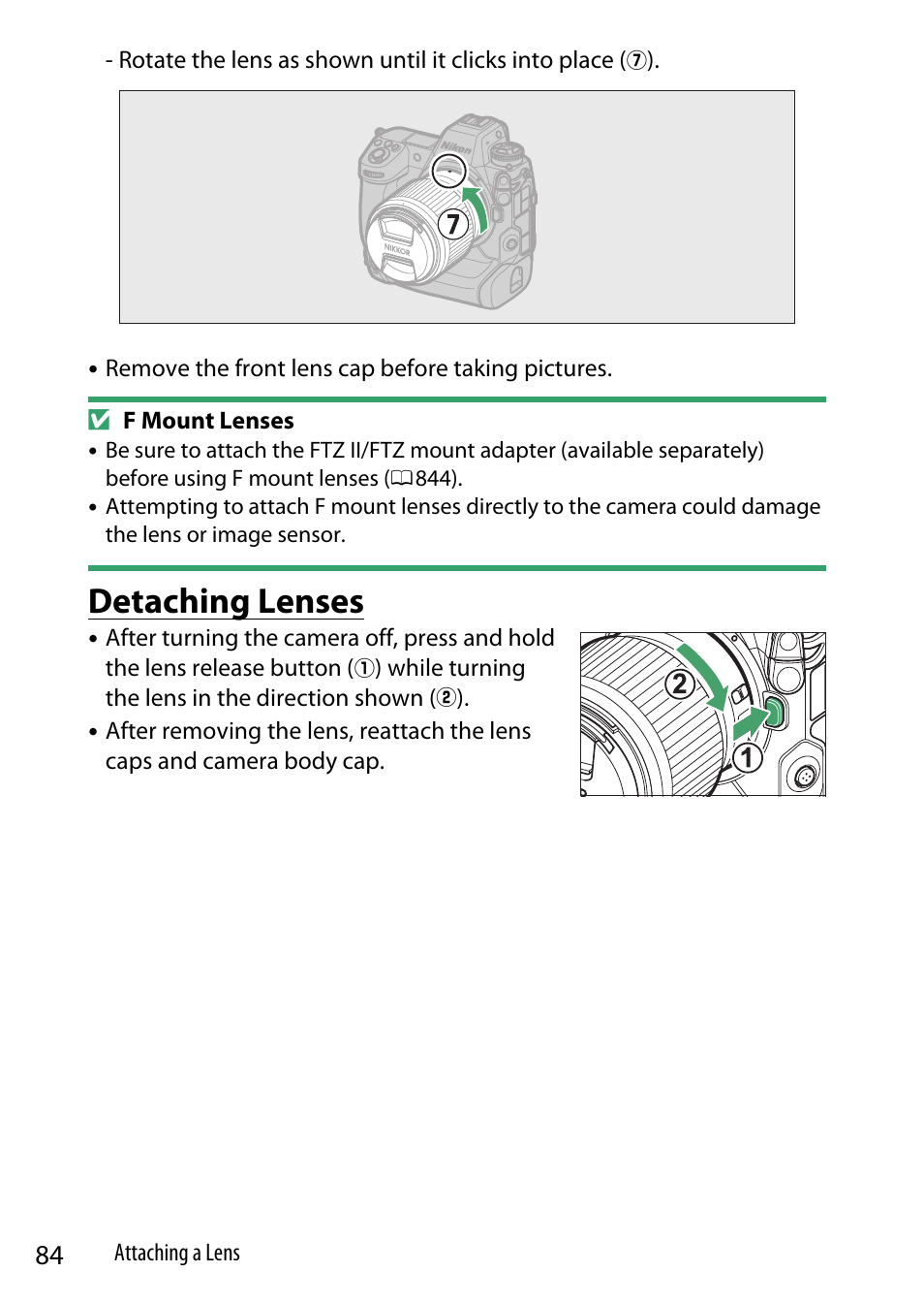 Detaching lenses | Nikon Z9 Mirrorless Camera User Manual | Page 84 / 914