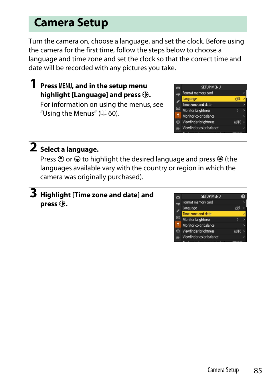 Camera setup | Nikon Z9 Mirrorless Camera User Manual | Page 85 / 914