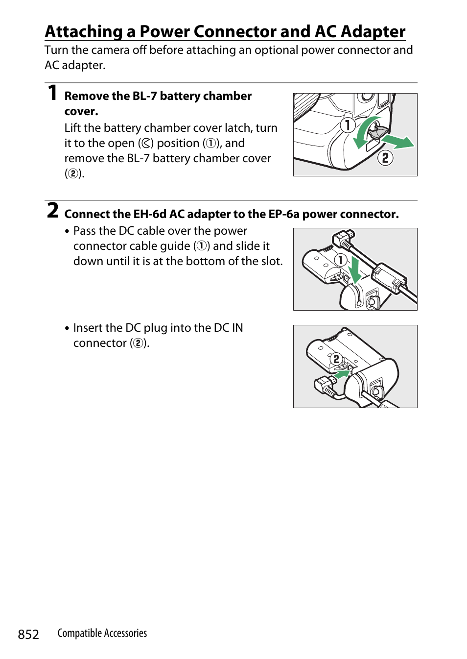 Attaching a power connector and ac adapter | Nikon Z9 Mirrorless Camera User Manual | Page 852 / 914