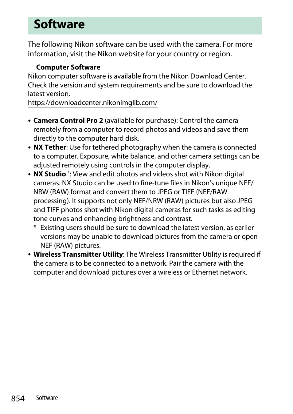 Software | Nikon Z9 Mirrorless Camera User Manual | Page 854 / 914